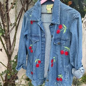 Embroidered Denim Jacket with Red Cherry Design